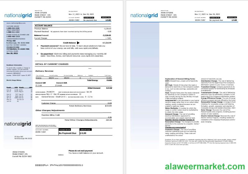 USA Nationalgrid electric utility  bill Word and PDF formats, 2 pages